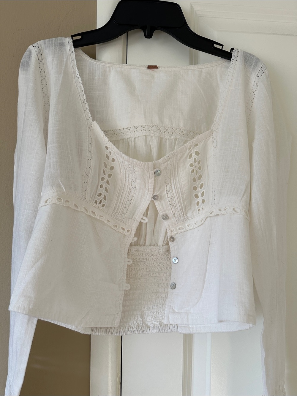 Free People White Eyelet Lace Button-Front Blouse